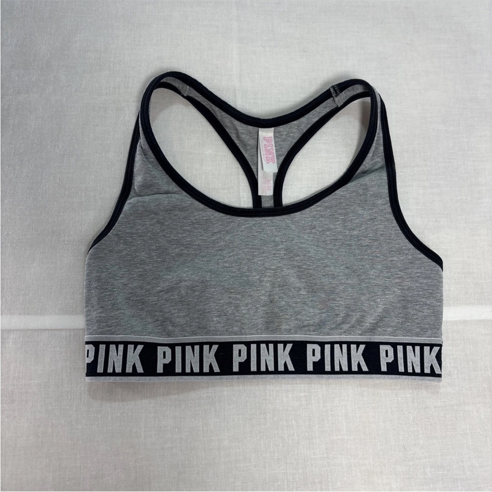 Pink Victoria Secret Gray Sports Bra with Logo Band Size Medium